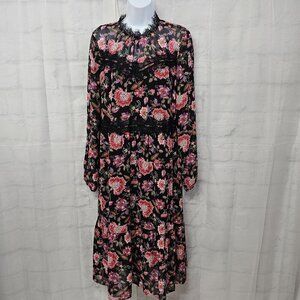 Loft Black Pink Floral Midi Dress Sheer Boho Lace Fairy Romantic Goth 14